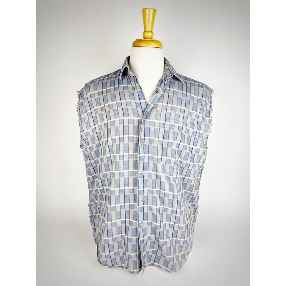 VTG ReUnion Button Up Striped Checkered Shirt Cut Off Sleeves Sz S Single Stitch